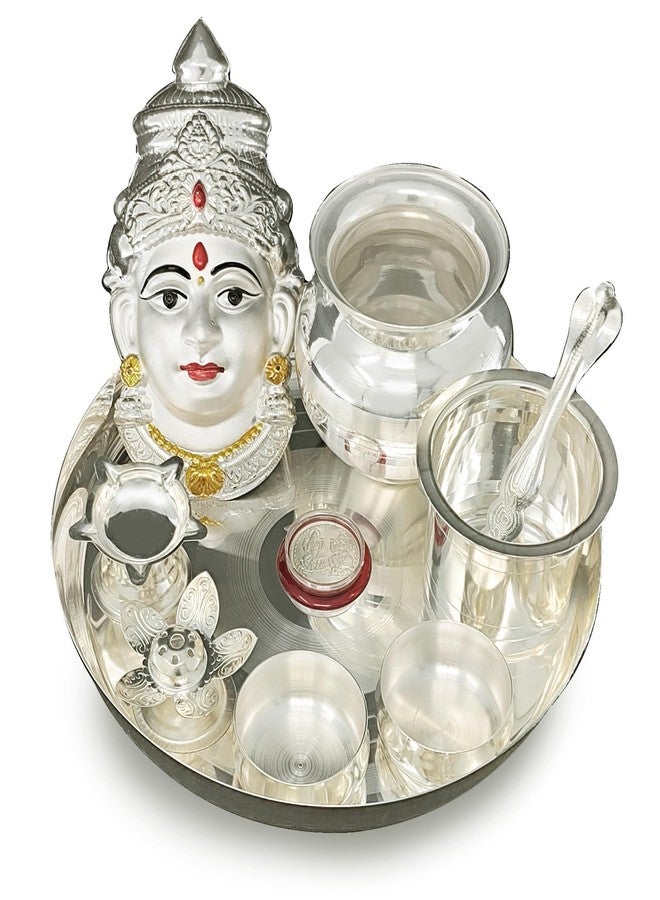 BENGALEN مجموعة BENGALEN Pooja thali مطلية بالفضة مع تمثال Varalakshmi Devi Mukhota Idol لمهرجان Varamahalakshmi Puja Thali هدايا - Image 2